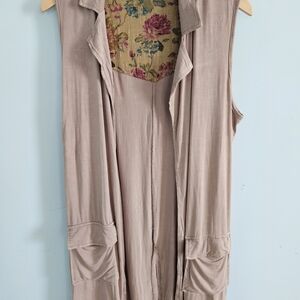 POL Tan Sleeveless Fringed Western Distressed Brown Duster Size Small